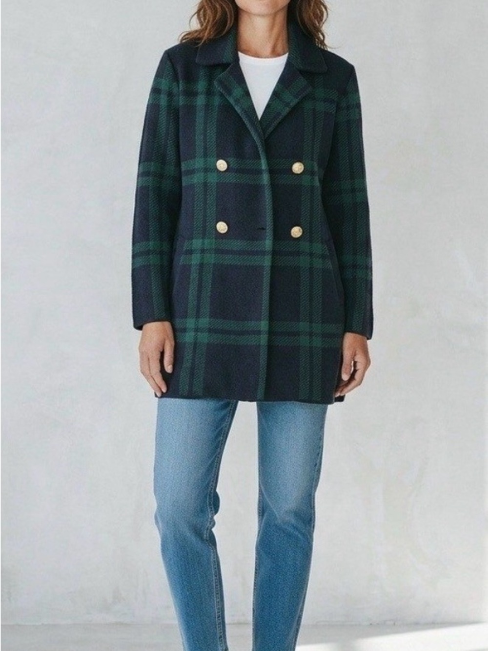 Anne Klein Classic Double-Breasted Plaid Cardigan - Navy & Green S